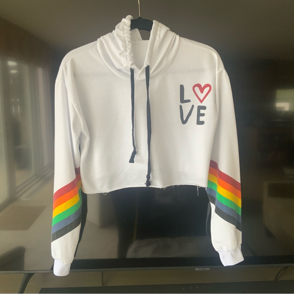 SHEIN Cropped Hoodie - Bright White with Rainbow Sleeves.  Size Small